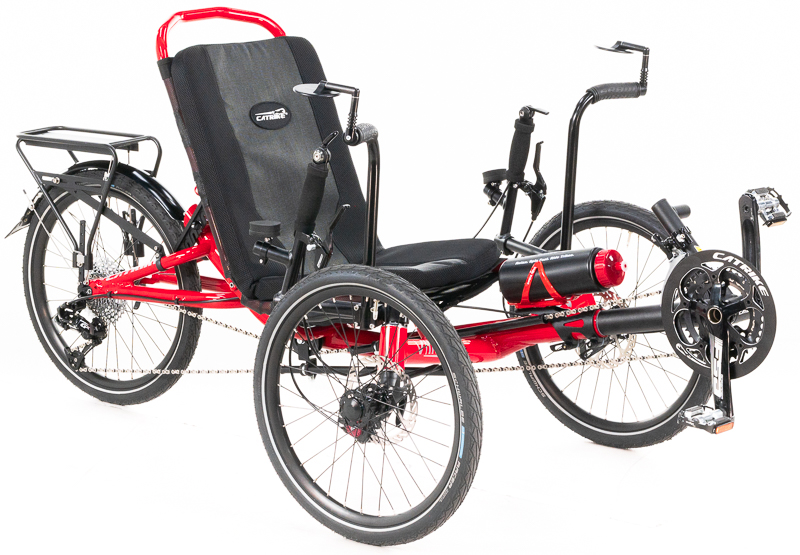 Lava Red Catrike Villager with EZ Entry Aids, Rear Rack, and Seat Extensions